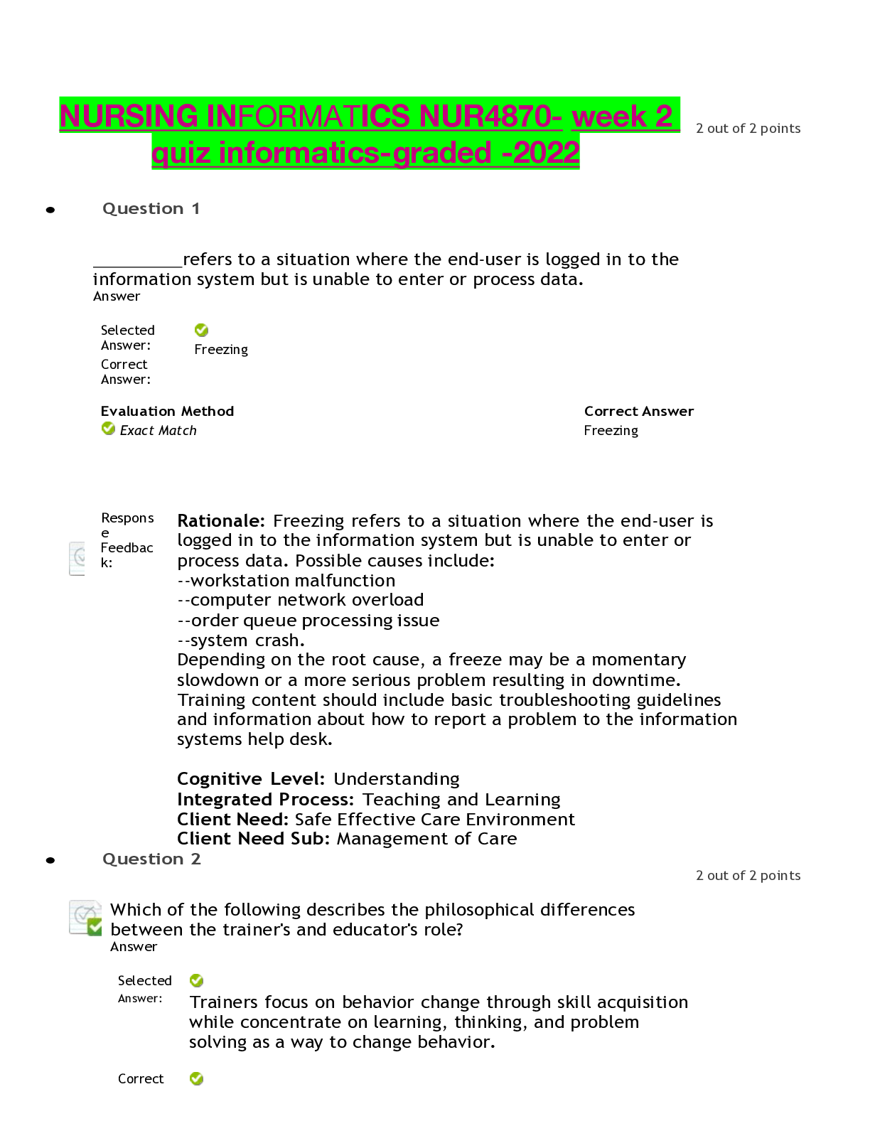 Preview of NURSING INFORMATICS NUR4870- week 2 quiz informatics-graded -2022